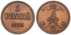 Finland, Grand Duchy, Alexander II, 5 Pennia Copper 1866, Crowned ...