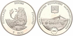 Finland, Republic, 5 Ecu Copper-Nickel 1994, Lapplander with Reindeer ...