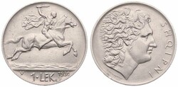 Albania, Kingdom, King Zog I, 1 Lek Nickel 1930V, Caped man on horse ...