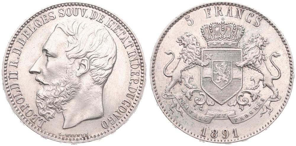 Congo Free State, Royal Domain, Leopold II, 5 Francs Silver 1891, ...