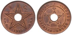 Belgian Congo, Colony, Albert I, 2 Centimes Copper 1910, Center hole ...