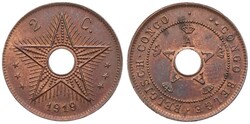 Belgian Congo, Colony, Albert I, 2 Centimes Copper 1919, Center hole ...