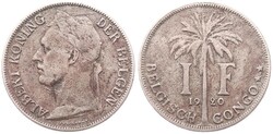 Belgian Congo, Colony, Albert I, 1 Franc Copper-Nickel 1920, Laureate ...