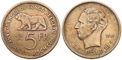 Belgian Congo, Colony, Leopold III, 5 Francs Nickel-Bronze 1937, Head ...