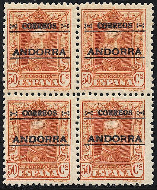 ANDORRE ESPAGNOL - ** - N°9A - 50c orange - bloc de 4 - TB