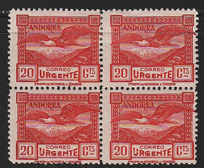 ANDORRE ESPAGNOL - O - N°27A -20c rouge - bloc de 4 dt 2ex.** - TB