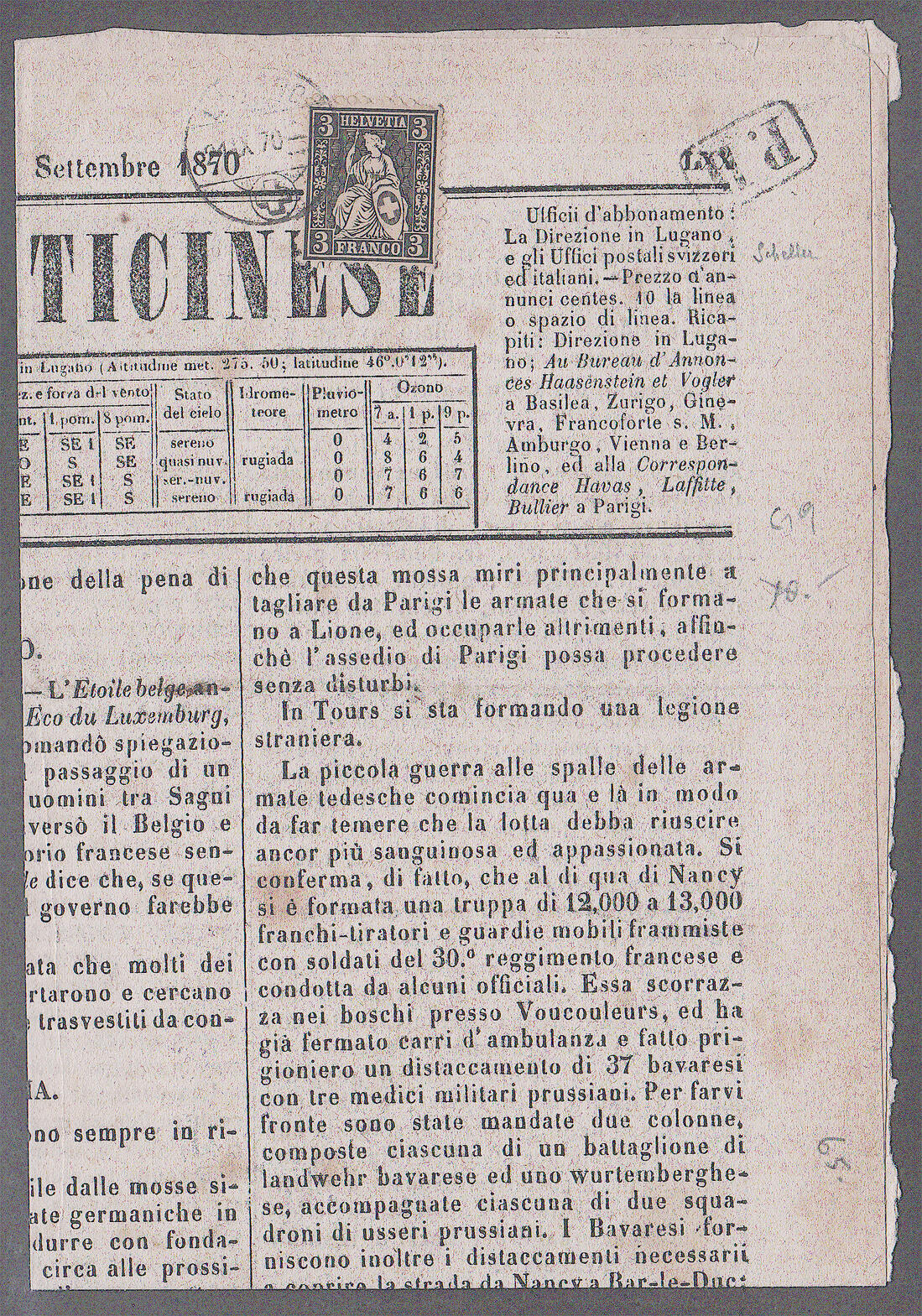 SUISSE - LAC - N°34 - 3c noir - Obl. Càd Lugano 21/10/70 s/Gazetta ...