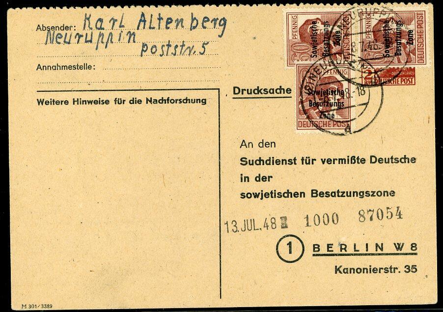 Neuruppin - Suchdienstkarte 2 RM als Zehnfachfrankatur mit 3x 60 Pfg. ...