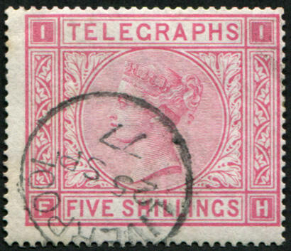 Telegraphs 1877 5/- SG T13, Pl.1 VFU, crisp ‘Liverpool.1877’ (c. ...