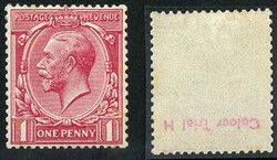 1d COLOUR TRIAL IN CARMINE-LAKE (‘BLUE-GERANIUM’), backstamped, ...