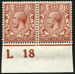 1½d SG 364 VARIETY, ‘DEEP-CHESTNUT’, control ‘L18′(I), pair ...