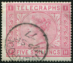 Telegraphs 1877 5/- SG T13, Pl.1 VFU, crisp ‘Liverpool.1877’ (c. ...