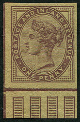 1d SG 172 IMPERF PLATE PROOF IN ‘LILAC ON GREEN PAPER’, bottom ...