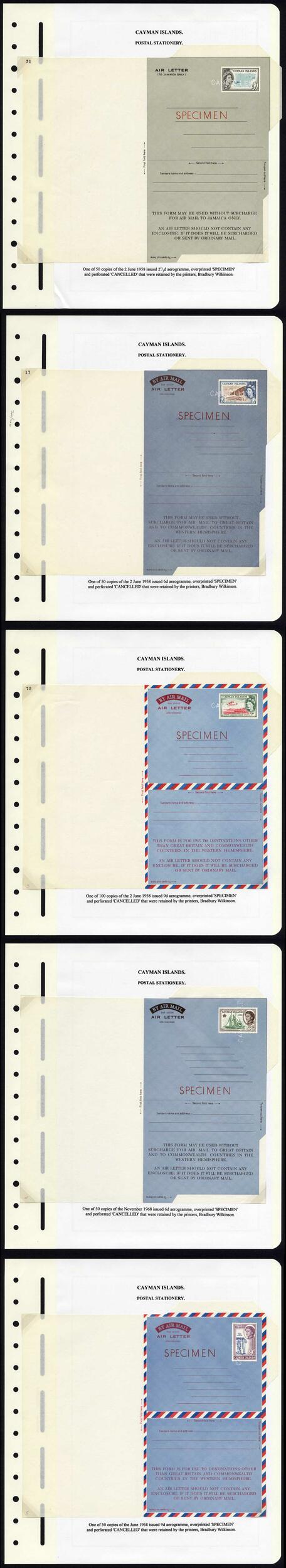 Cayman Is 1958/68 Five Aerogrammes Perf Cancelled Ex Bradbury ...
