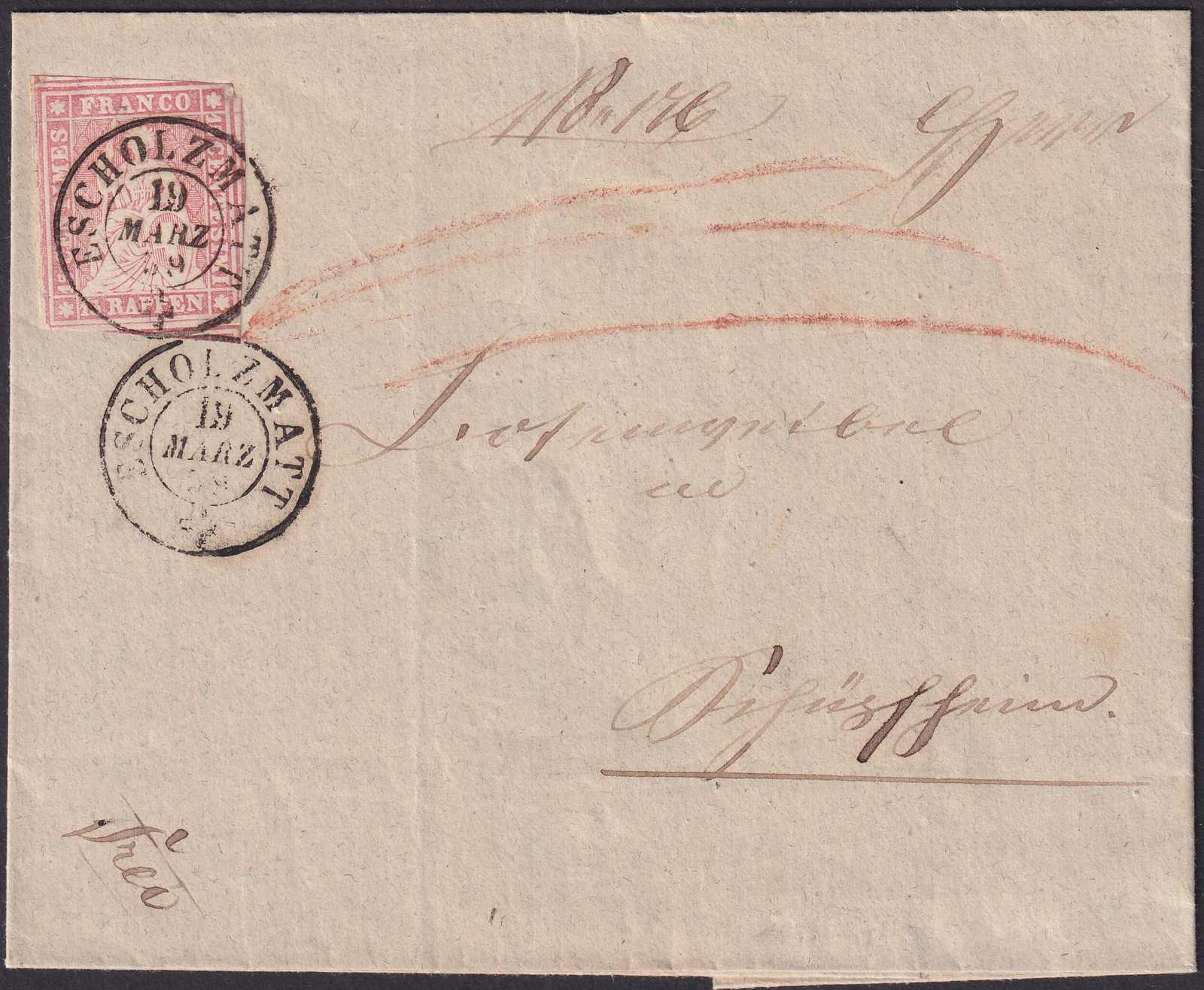 ESCHOLZMATT 1859, 24B3 mit sauberem K2 vom 19.3.1859 ...