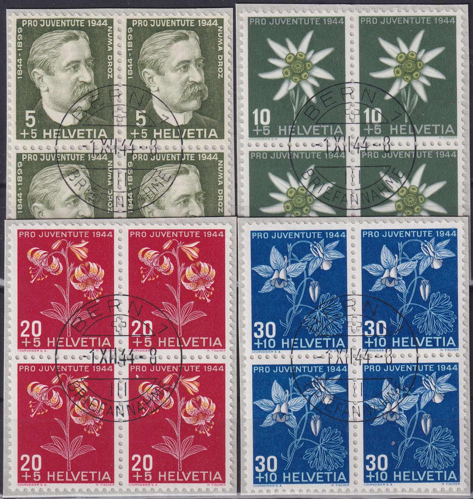 1944, Viererblöcke J109-112 mit ET-Stempel von BERN: 1.XII.1944, ...