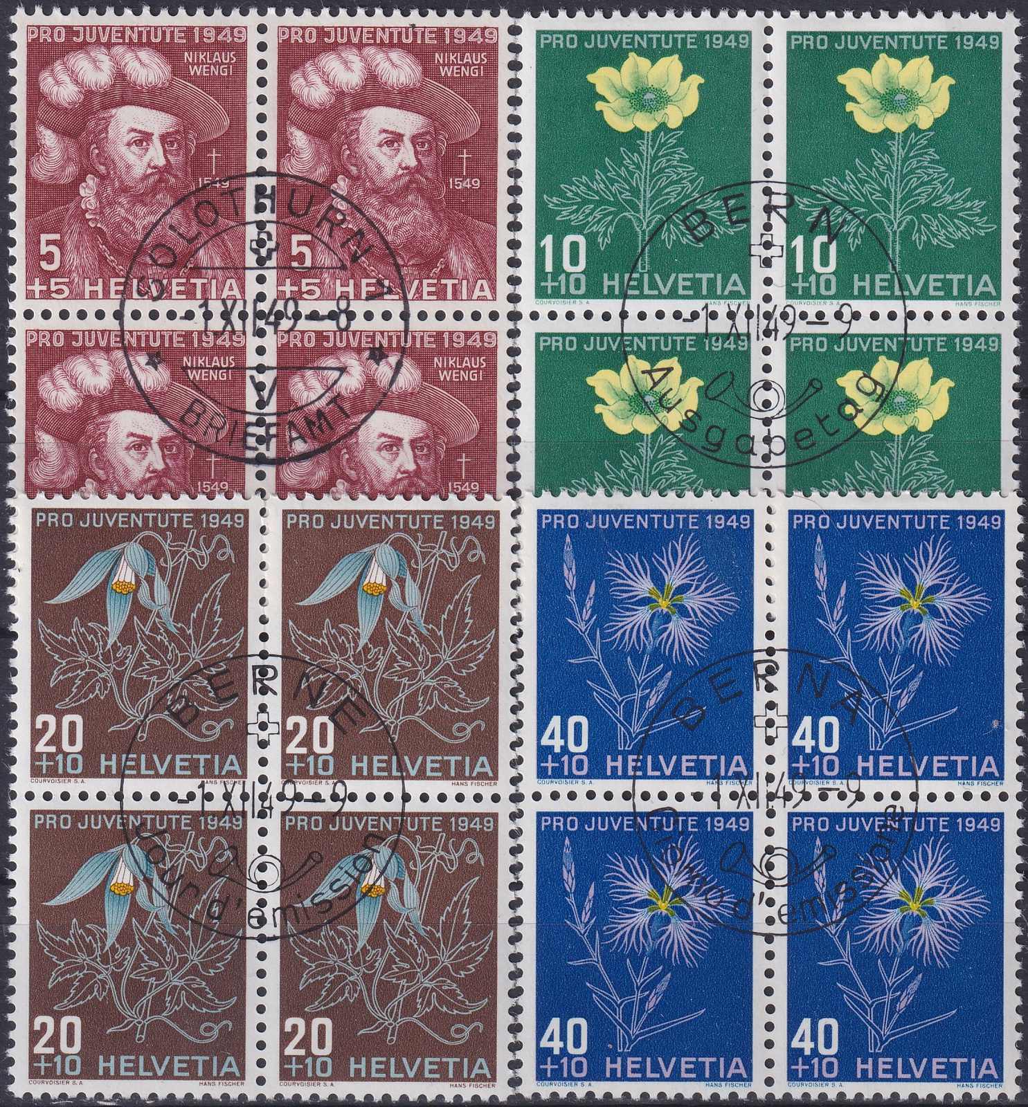 1949, Viererblöcke J129-132 mit Ersttags-Stempeln: Solothurn, BERN, ...