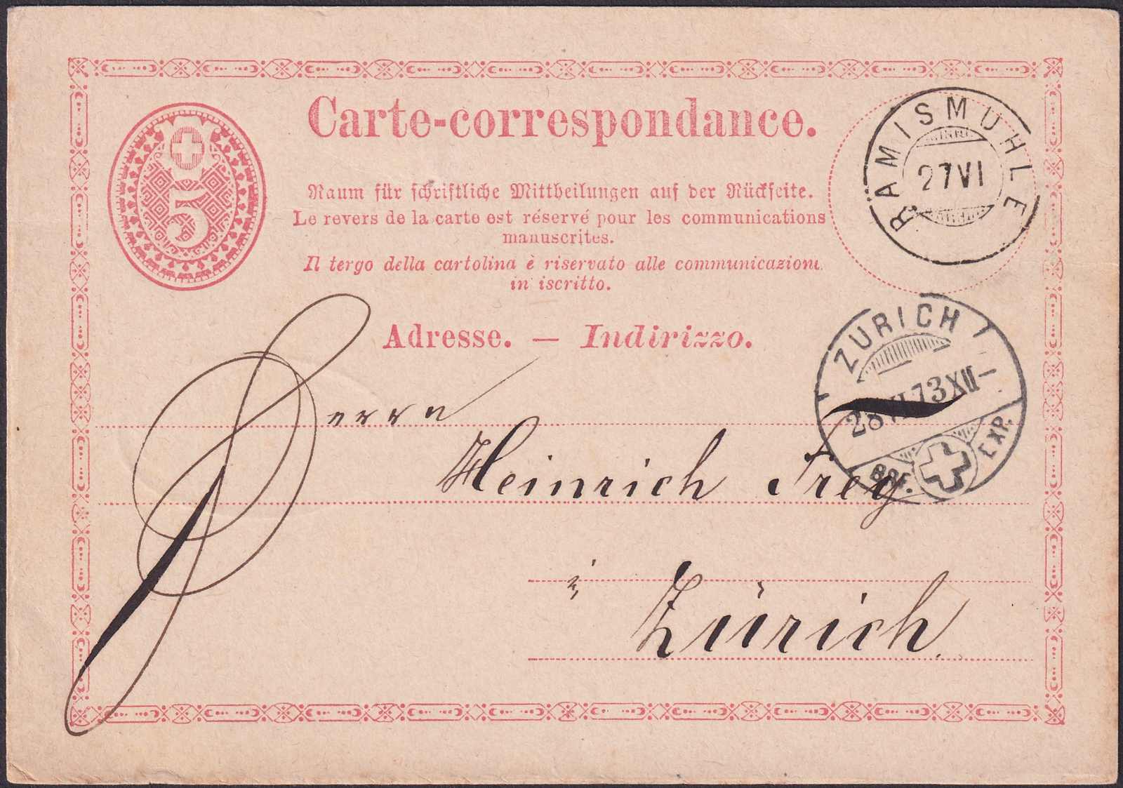 RÄMISMÜHLE 28.VI.1873, saubere Ganzsache nach Zürich von JJb ...