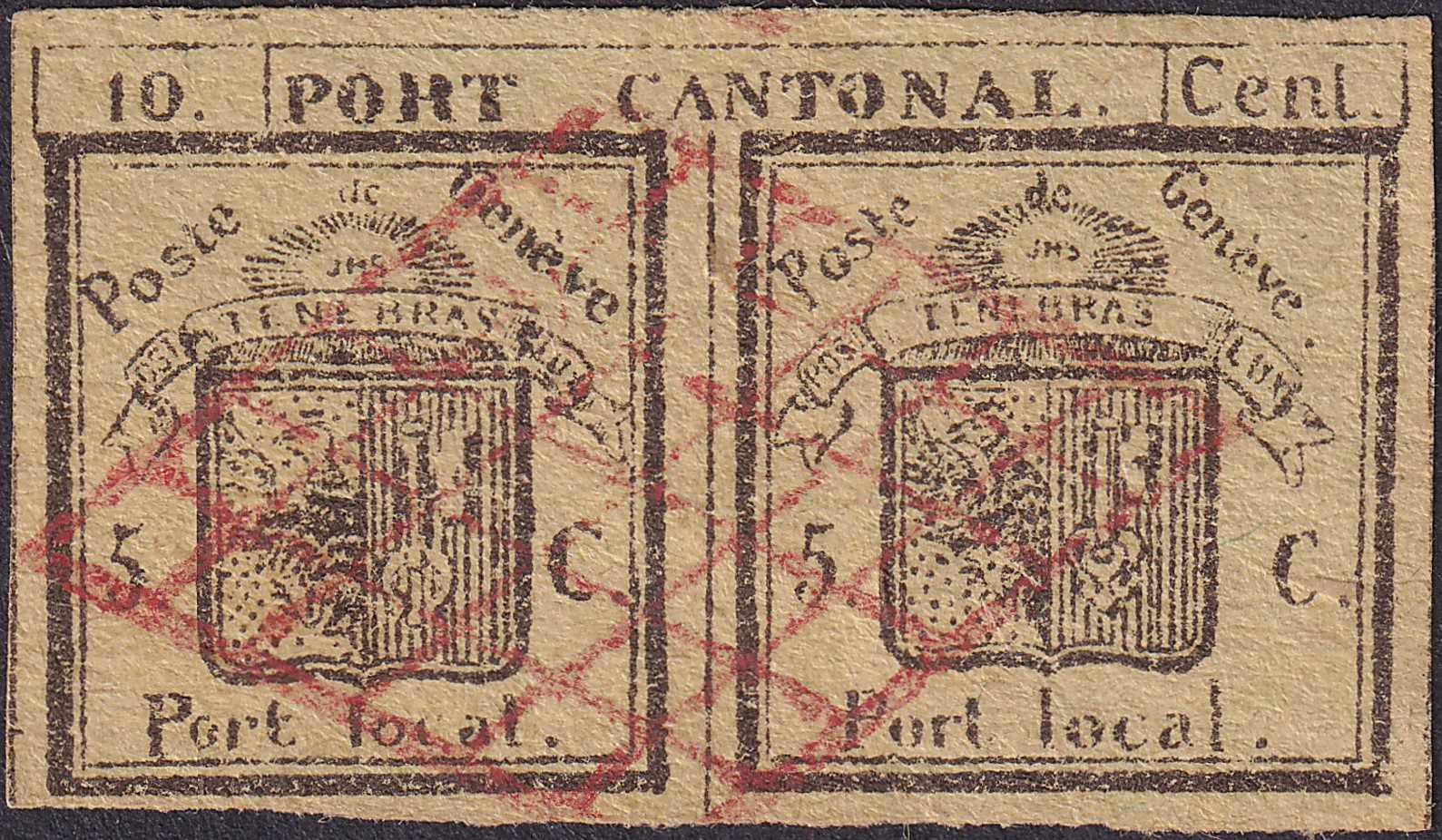 DOPPELGENF, Nr.3 mit roter Gitterraute entwertet, originelle ...