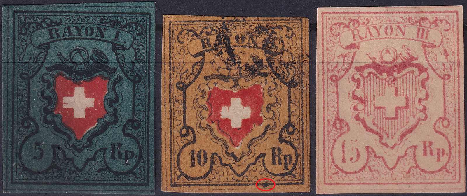 Rayon I-III, drei attraktive Fälschungen. 16IIaa (TABAK-Marke) in ...