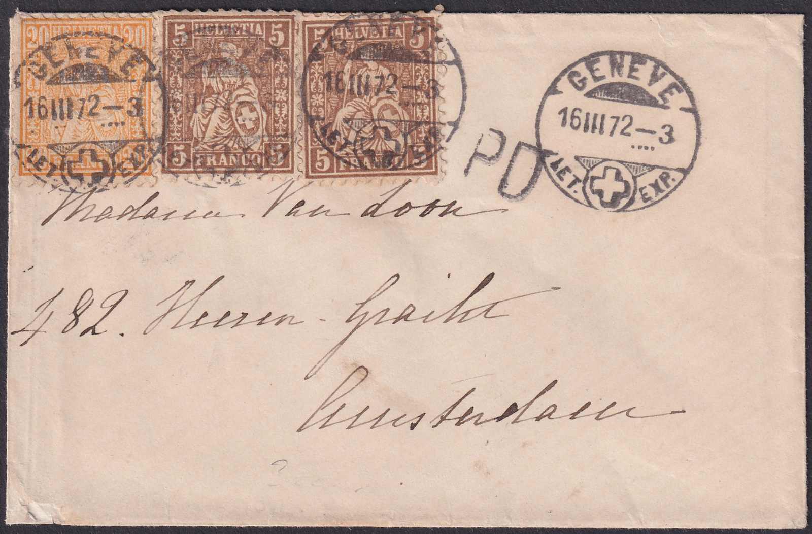 NIEDERLANDE, 0.30, ab GENEVE: 16.März.1872 nach Amsterdam. Nr.32 +30 ...