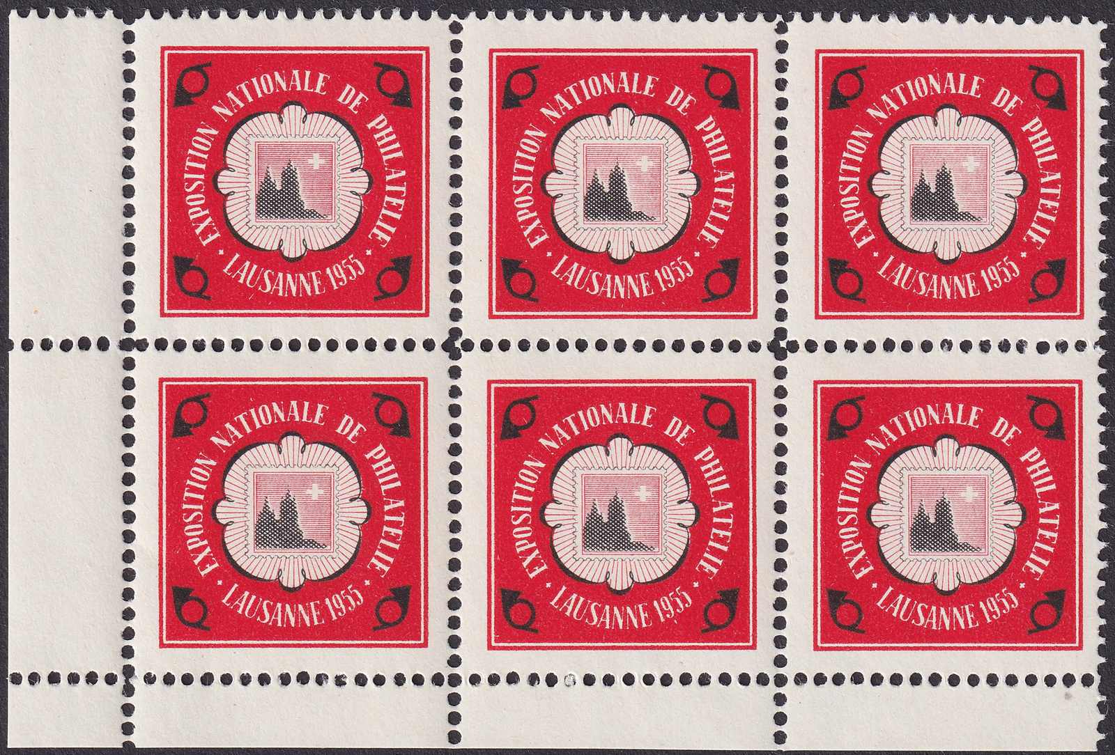 1955, LAUSANNE-Vignette in rot, 6er-Block mit Posthorn im Eck, ...