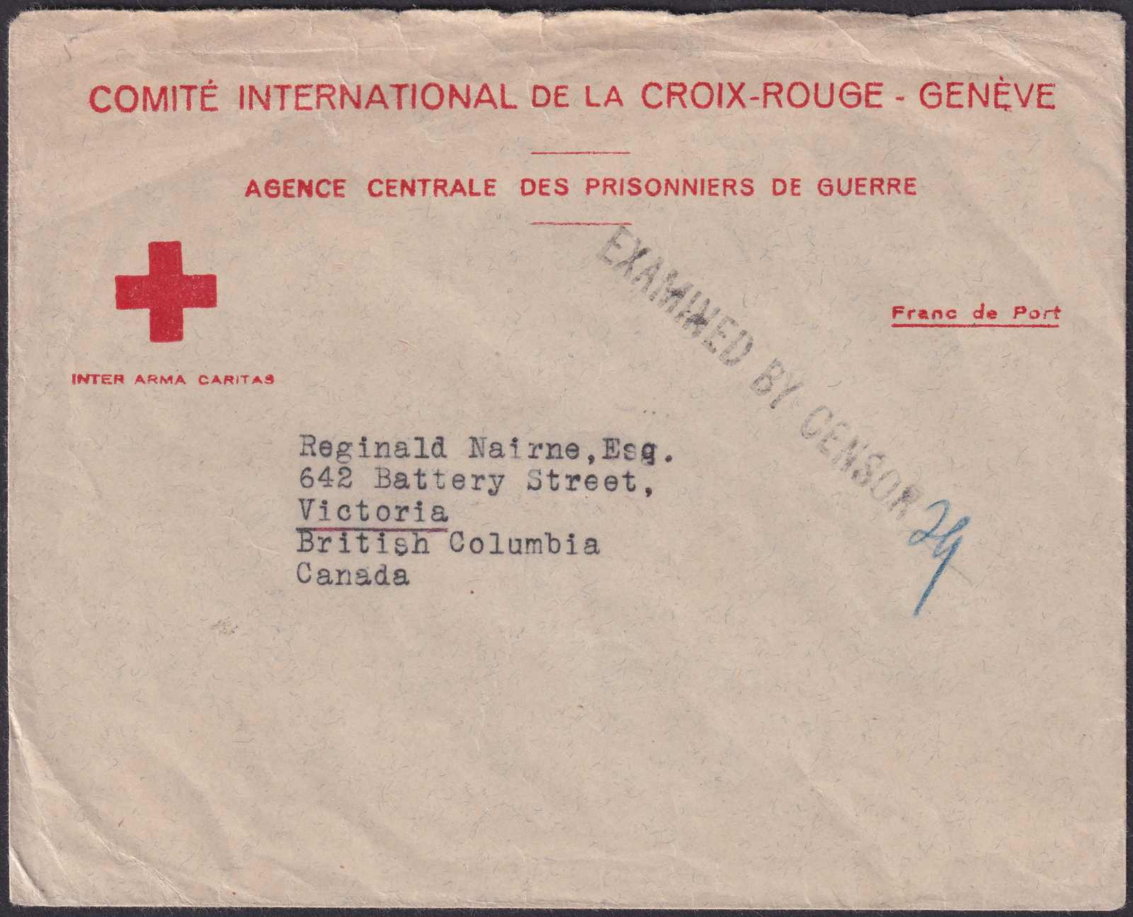 ROTES KREUZ, Beleg nach "British Columbia (Canada) - Victoria, ...