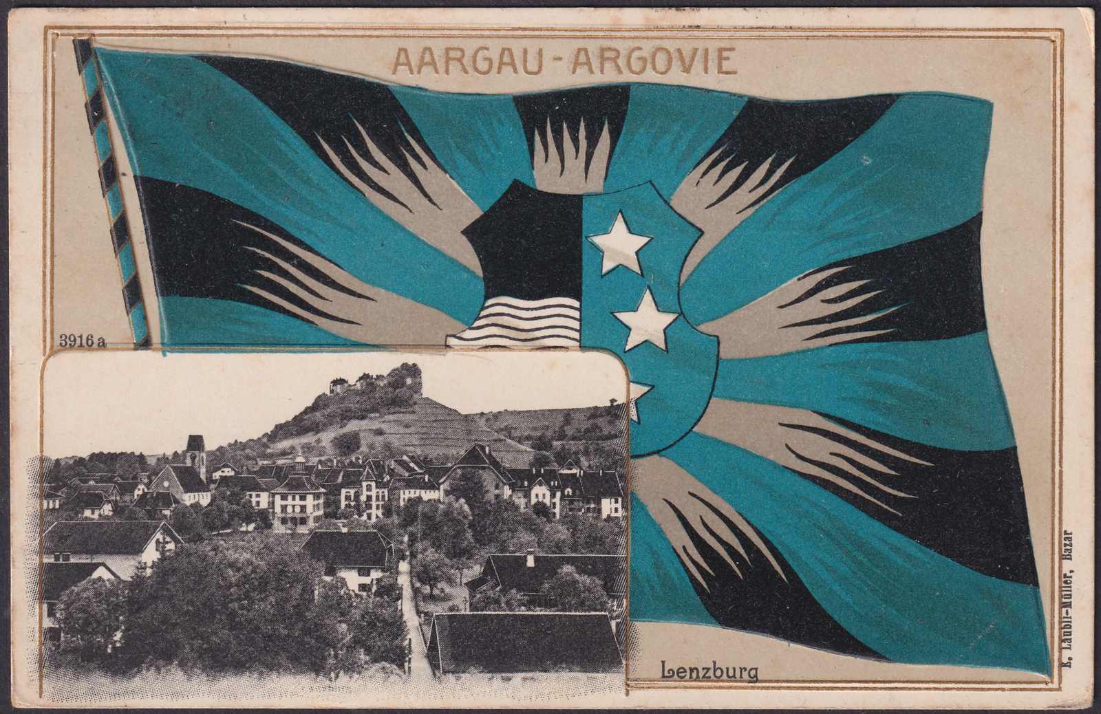 AARGAU, LENZBURG 12.8.1909, saubere Karte mit Wappen (im Goldrahmen) ...