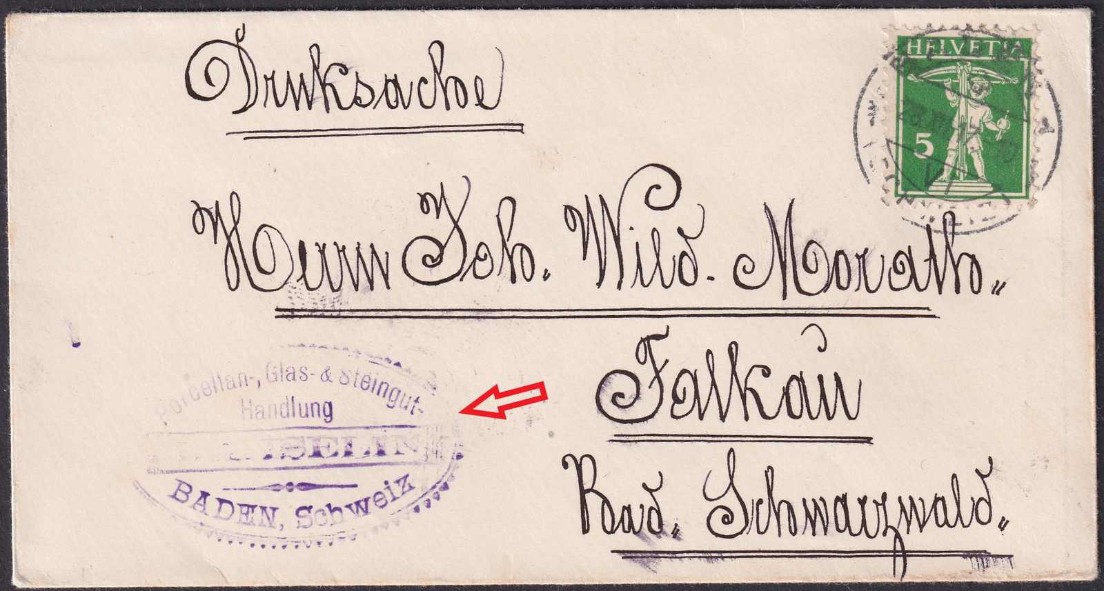 1917, PORZELLAN, GLAS & Steinhandlung ISELIN in BADEN nach FAKAU (Bad ...