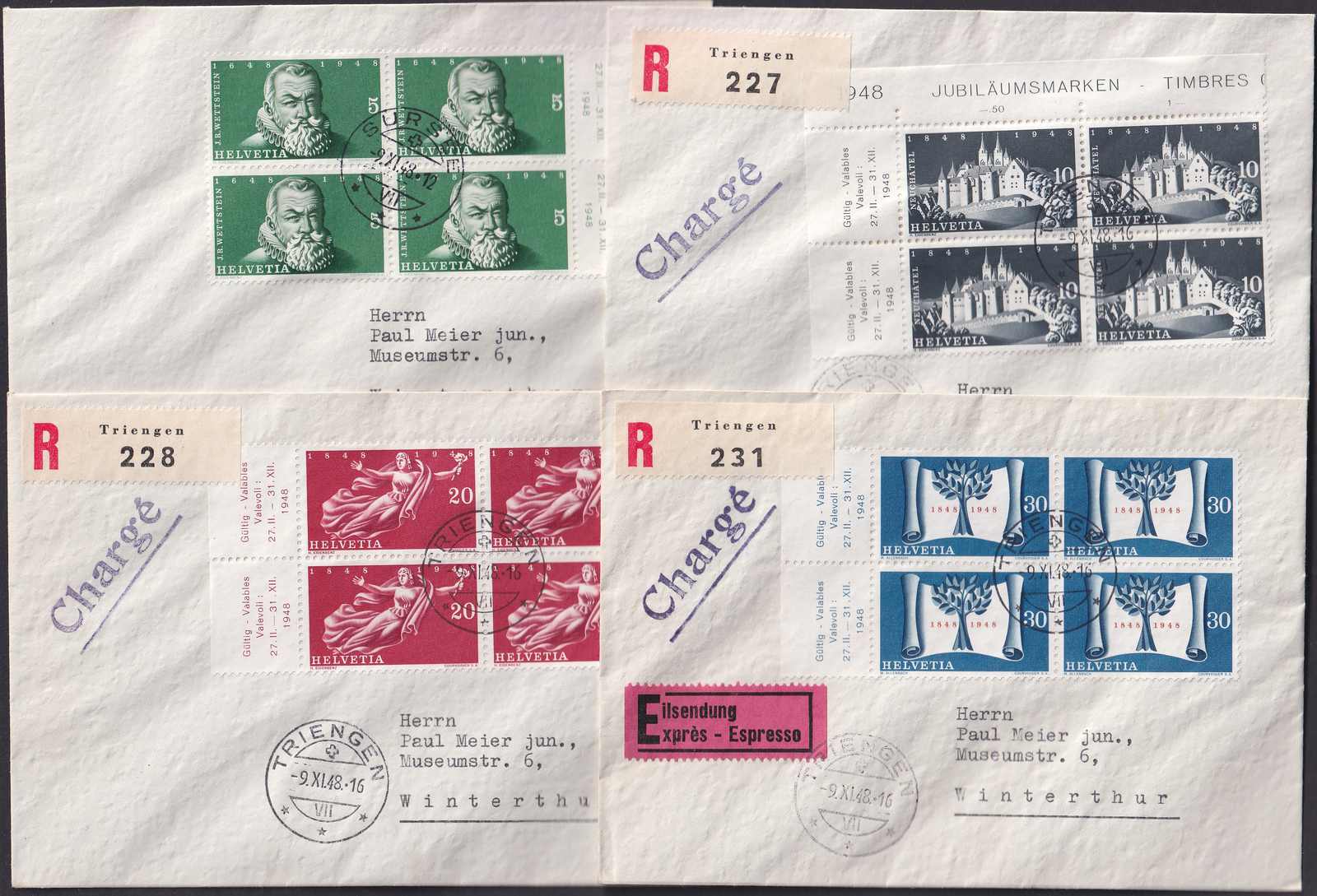 1948, Nr.281-284 Viererblöcke auf Brief von TRIENGEN 9.NOV.1948 nach ...