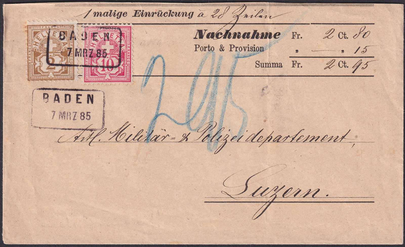 BADEN 1885 (7.MRZ), 58A+61A auf einmalige Einrückungs-Karte, 0 ...