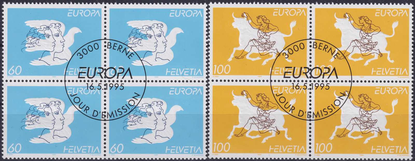 1995, Nr.880+881 Serie: EUROPA (entworfen von Hans Erni) Viererblock ...