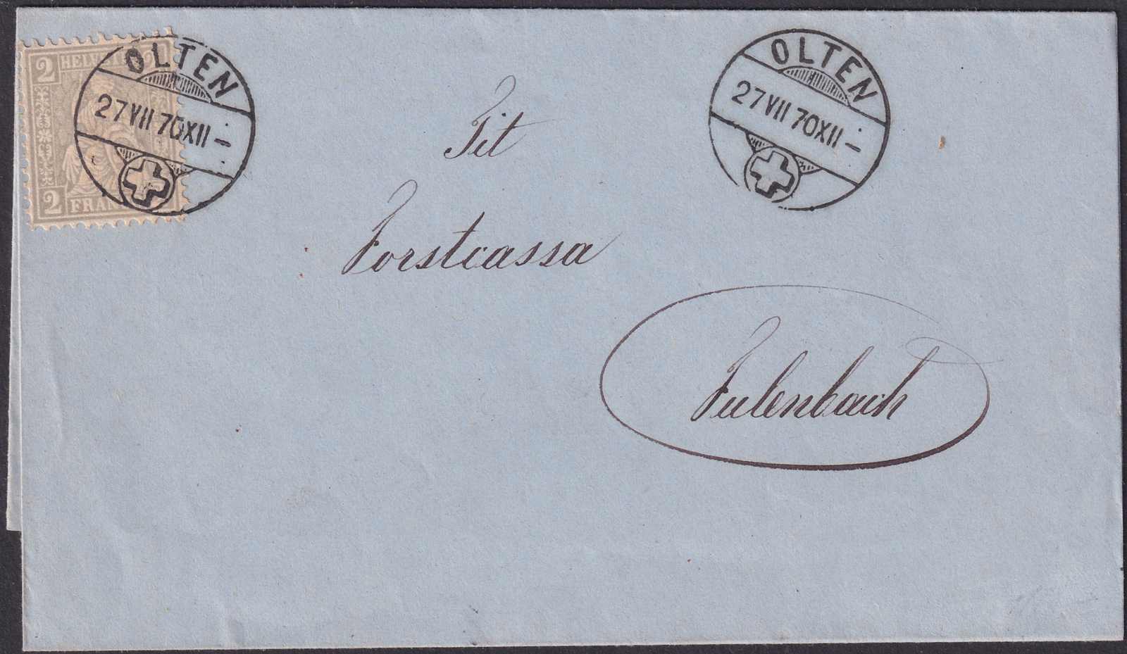 OLTEN 1872 (27.JULI) nach Fulenbach SO, glasklarer Stempel-Abschlag ...