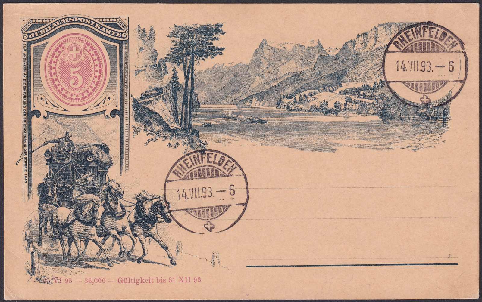 RHEINFELDEN 1893 (14.JULI), sehr saubere 5c-Karte, adresslos mit ...
