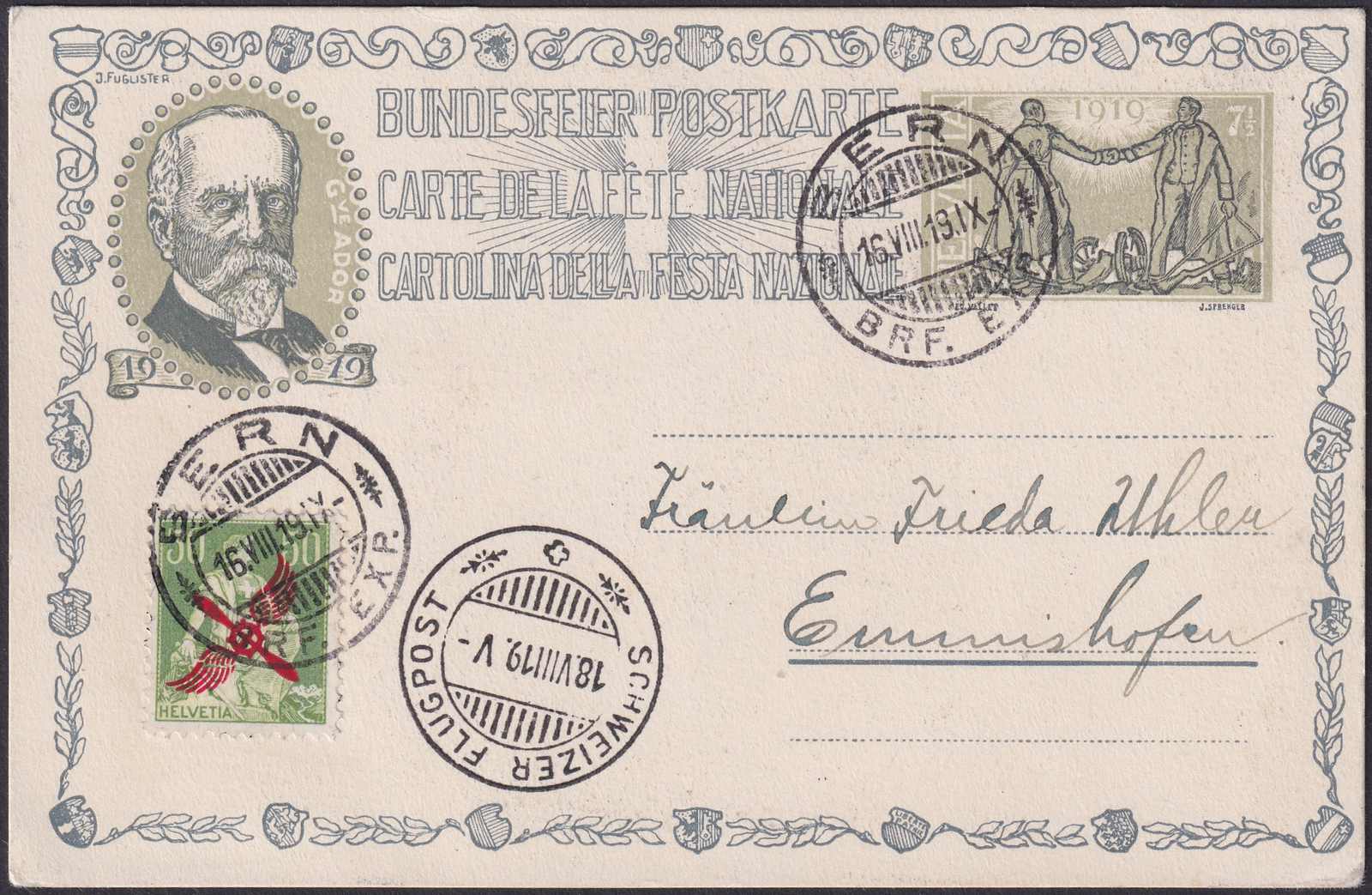 1919, F2 auf attraktiver, echt gelaufener Bundesfeier-Karte von BERN: ...