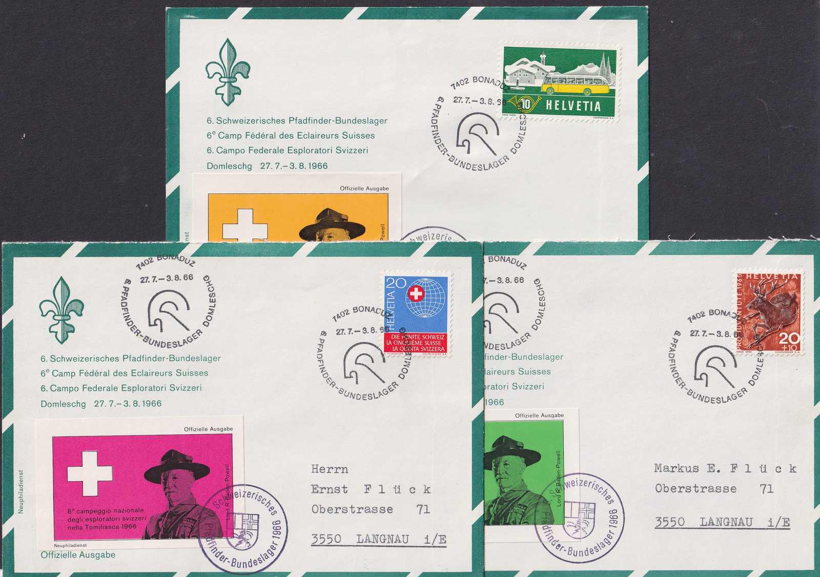 1966, Vignetten-Briefe (3x) des 6.Pfadfinder-Lagers in Domleschg 1966 ...