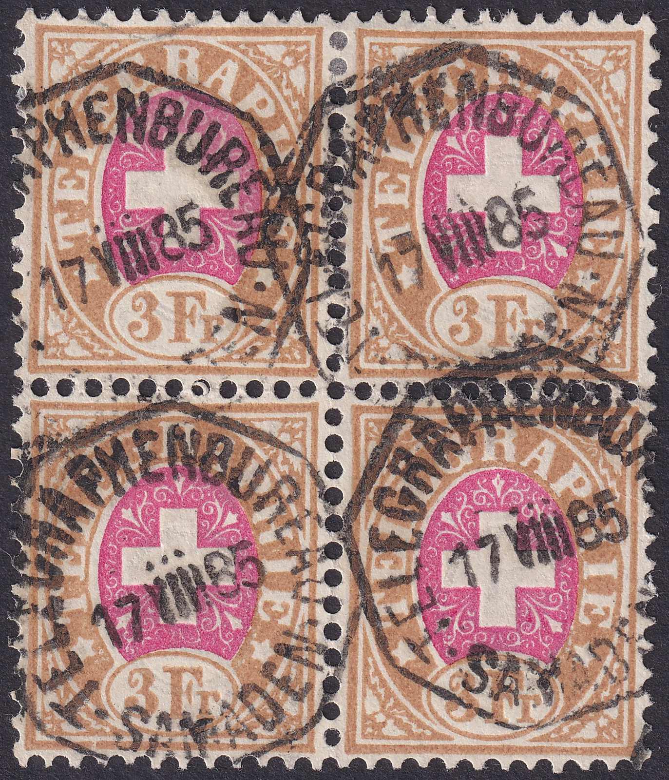 3Fr braun, Telegraphenmarken Nr.12 im seltenen Viererblock von ...