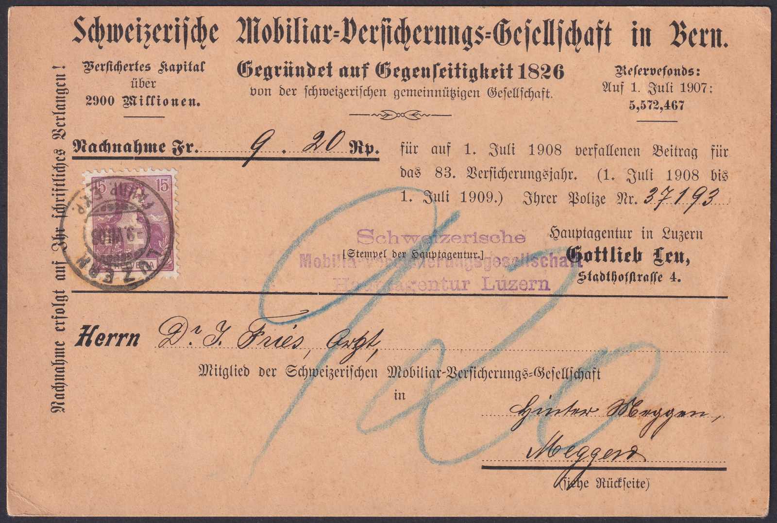 LUZERN 1908 nach Meggen, Nr.106 (seltene Einzelfrankatur) der ...