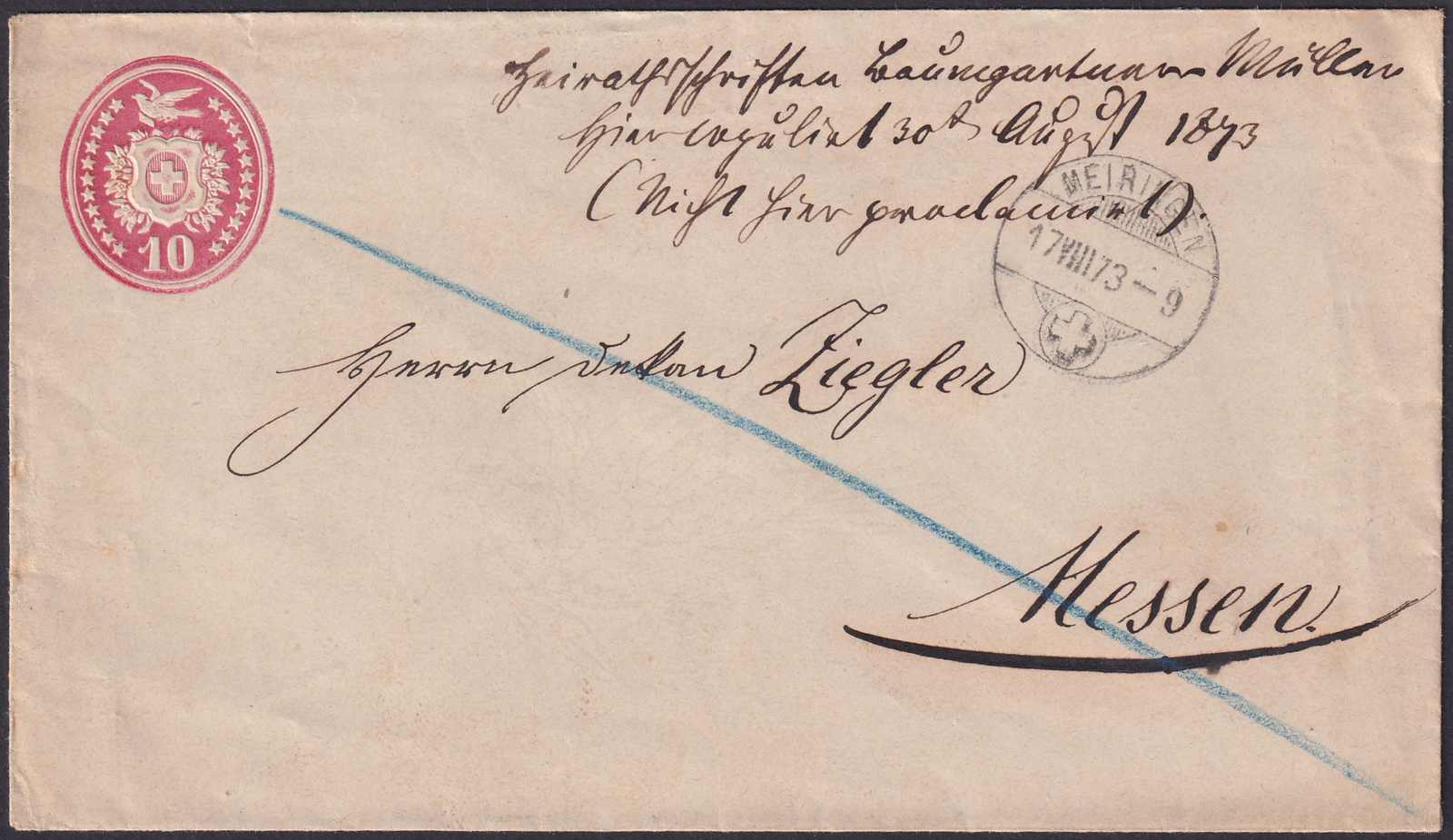 MESSEN 1873 (Zwergstempel) rückseitig auf Tüblibrief von MEIRINGEN ...