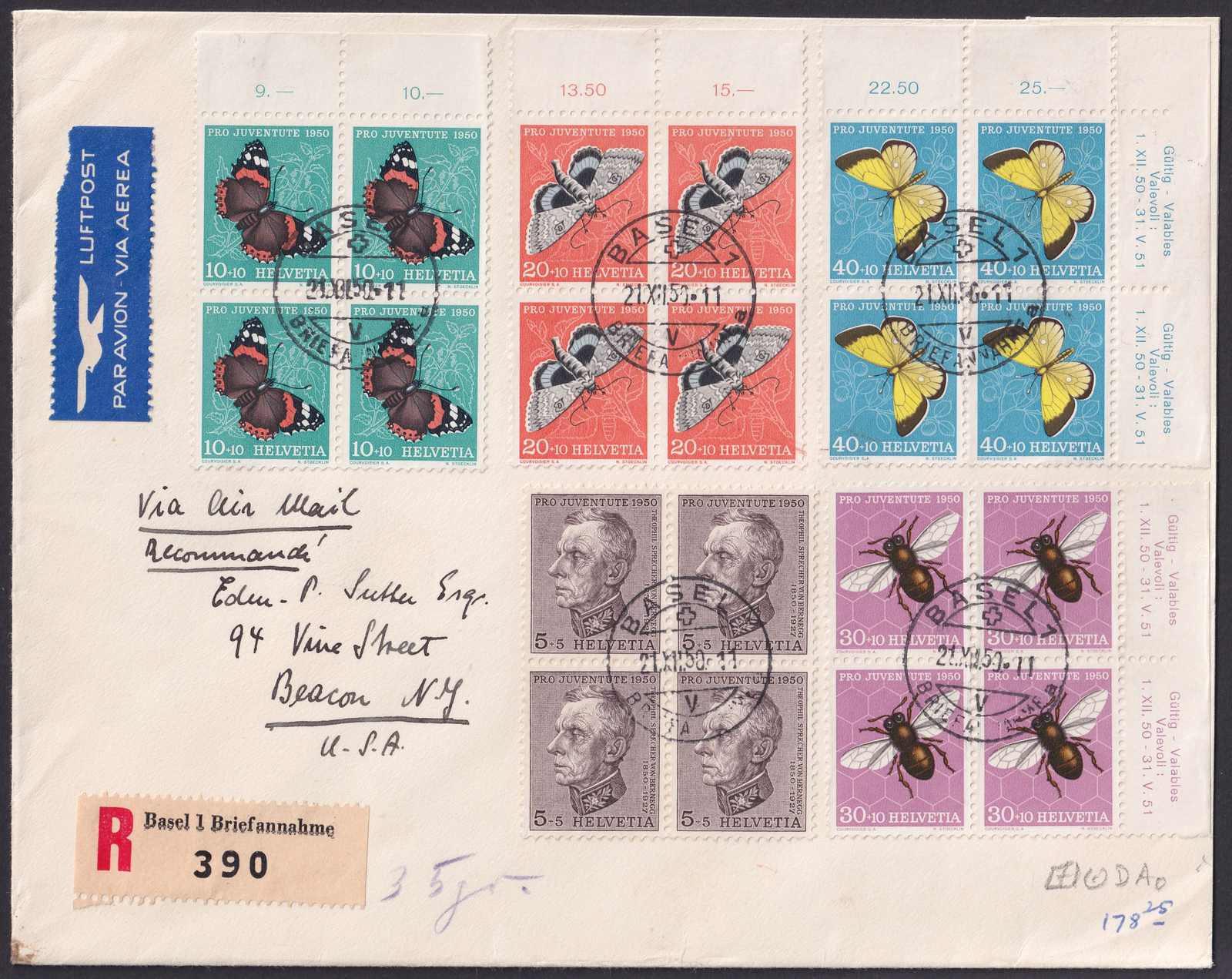 1950, BASEL nach BEACON (NEW YORK) USA, Viererblock-SERIE: J133-J137 ...