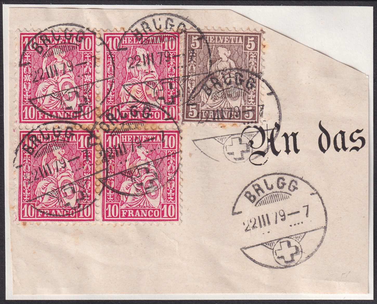 BRUGG 1879 (22.MÄRZ) Viererblock Nr.38 und Nr.30 auf grossem ...