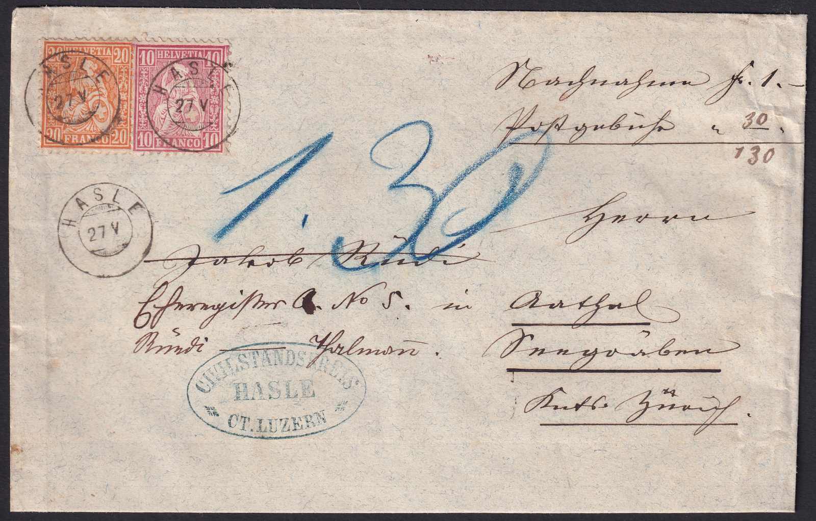 HASLE (Zwergstempel) nach Aathal 1876, Nr.32 + 38 attraktiv ...