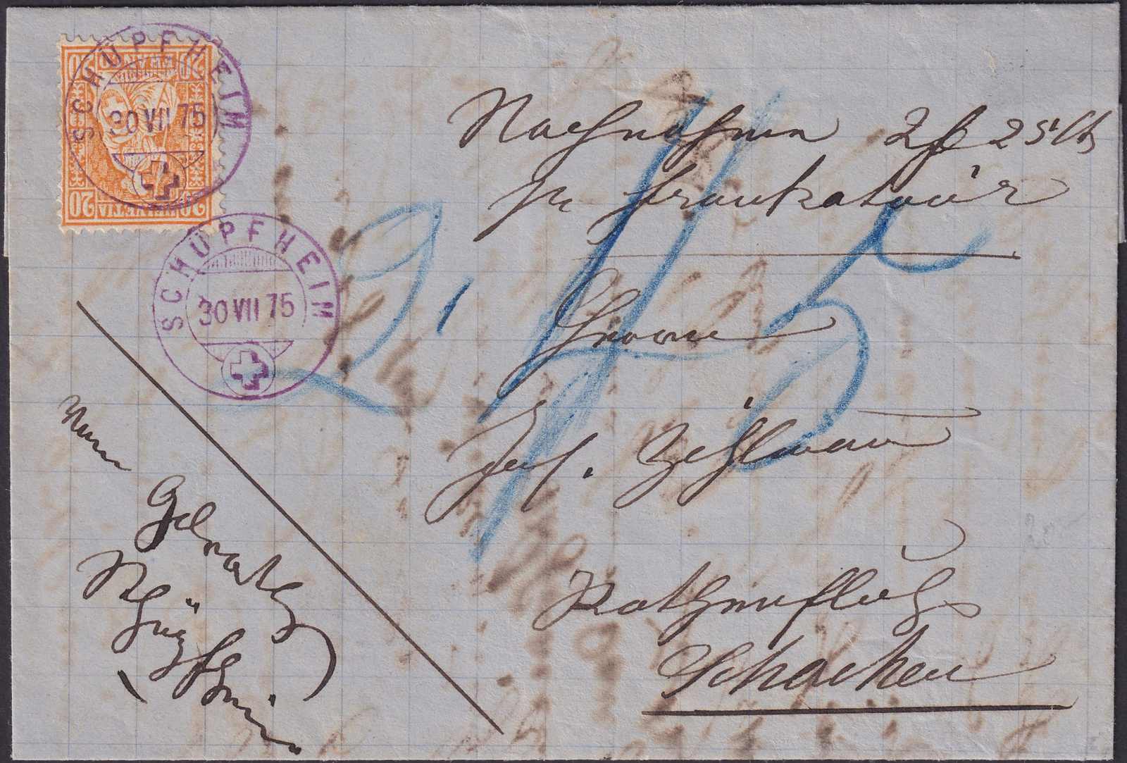 SCHÜPFHEIM 1875 (30.JULI) nach SCHACHEN, Nr.32 mit VIOLETTEM Stempel ...