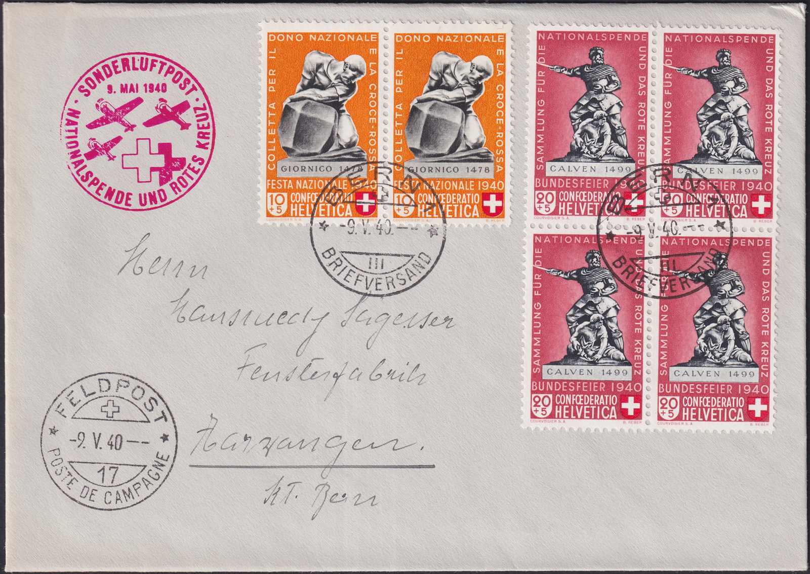 1940, Rotkreuzflug 17 (deutsch) mit B5 im Viererblock mit Paar B4 von ...