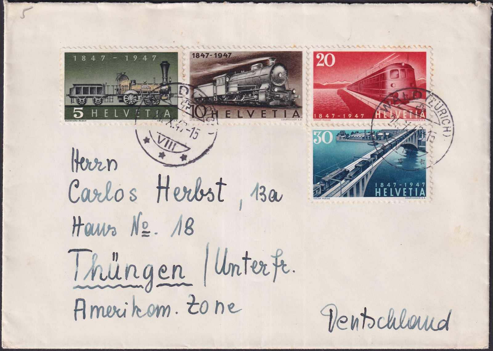 WALD (ZÜRICH) 1947, Eisenbahn-Satzbrief mit Nr.277-280 nach Thüngen ...