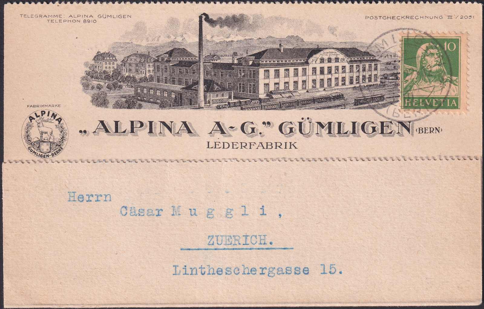 GÜMLINGEN (BE) nach Zürich, illustrierte ALPINA-Karte von der ...