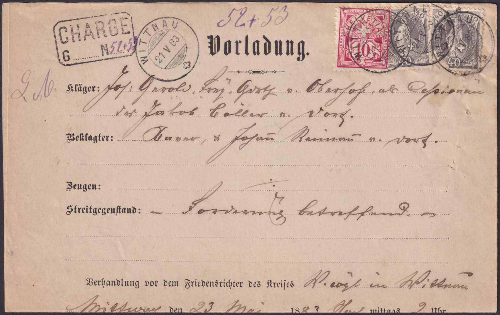 WITTNAU AG (VORLADUNG) 22.MAI 1883 nach FRICK, "OBERHOF", ...