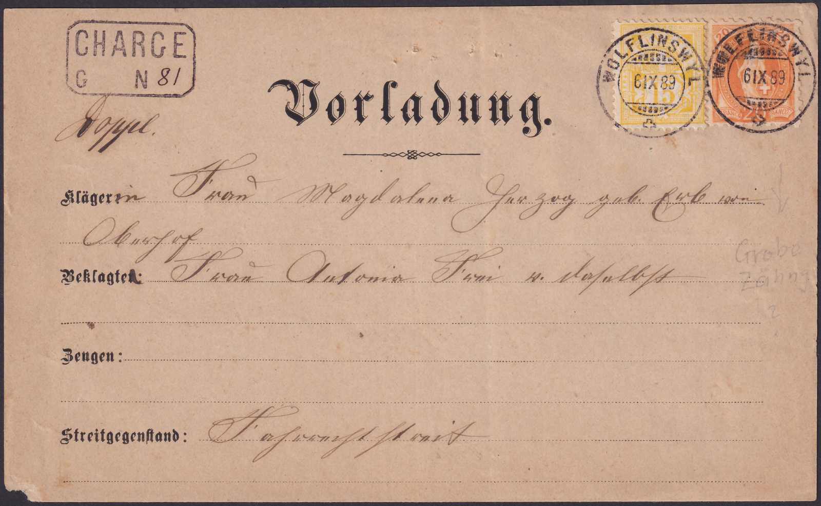 WÖLFLINSWYL AG (VORLADUNG) 6.SEPT.1889 nach "OBERHOF", Buntfrankatur ...