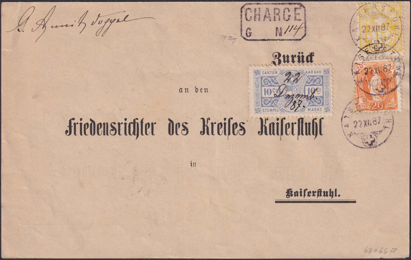 KAISERSTUHL AG (VORLADUNG) 22.DEZ 1887 nach "ZURZACH" über Lengnau ...