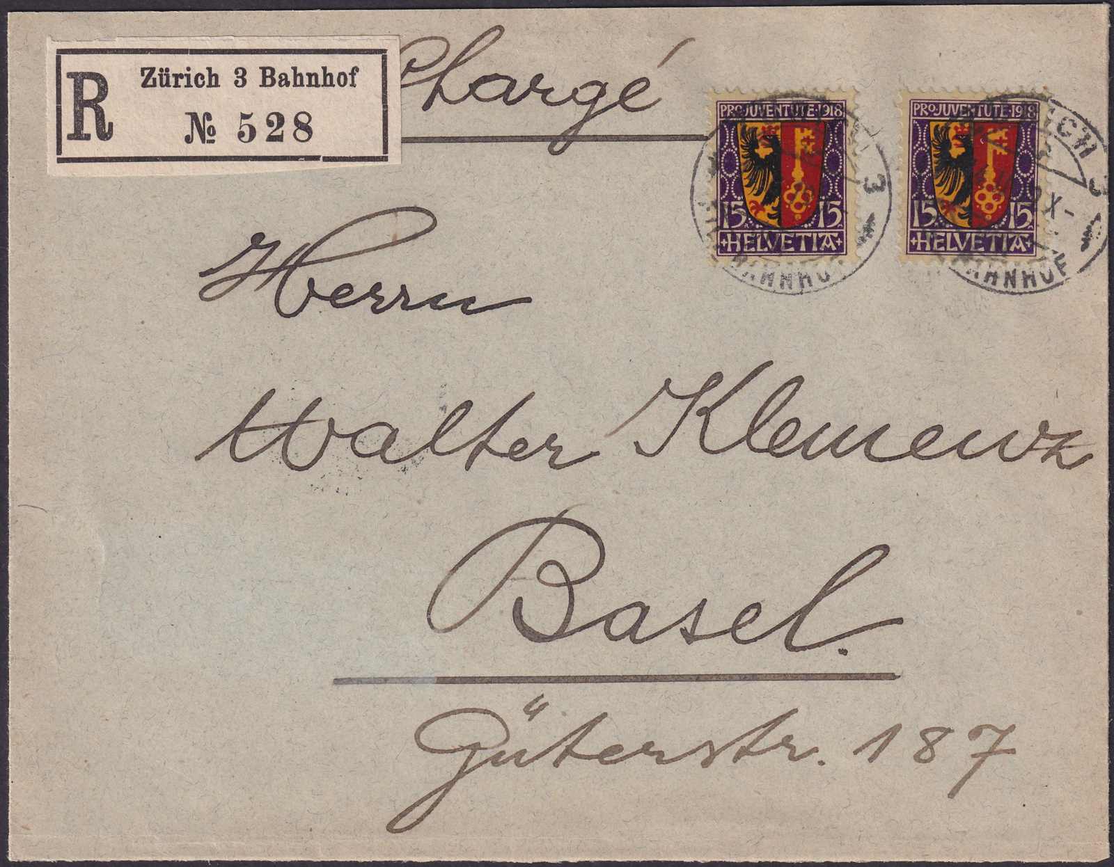 1918, J11 (2x) von ZÜRICH nach BASEL, Wäppli: Genfer Adler, sehr ...